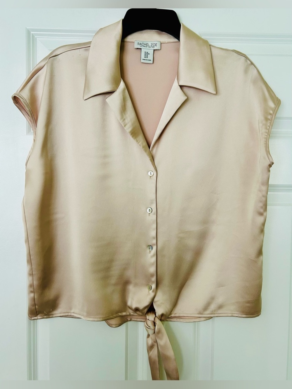 Rachel Zoe Light Gold/Beige Satin Tie-Front Cap-Sleeve Blouse